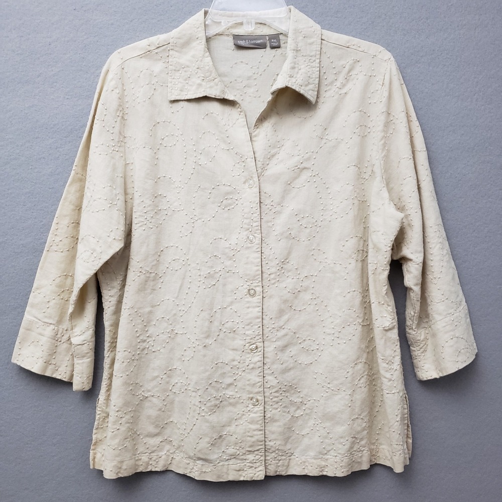 Croft & Barrow Womens PXL Button Shirt Beige Embroidered 3/4 Sleeve Linen Blend